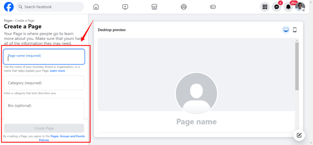 How to create Facebook page on desktop